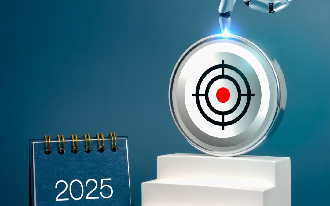 A robotic arm hovers over a target symbol on a silver disc, beside a calendar marked with the year 2025
